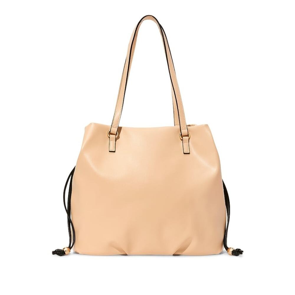 Victoria's Secret Beige Drawstring Tote Bag Faux Leather Shoulder Bag Logo Patch - Picture 3 of 5